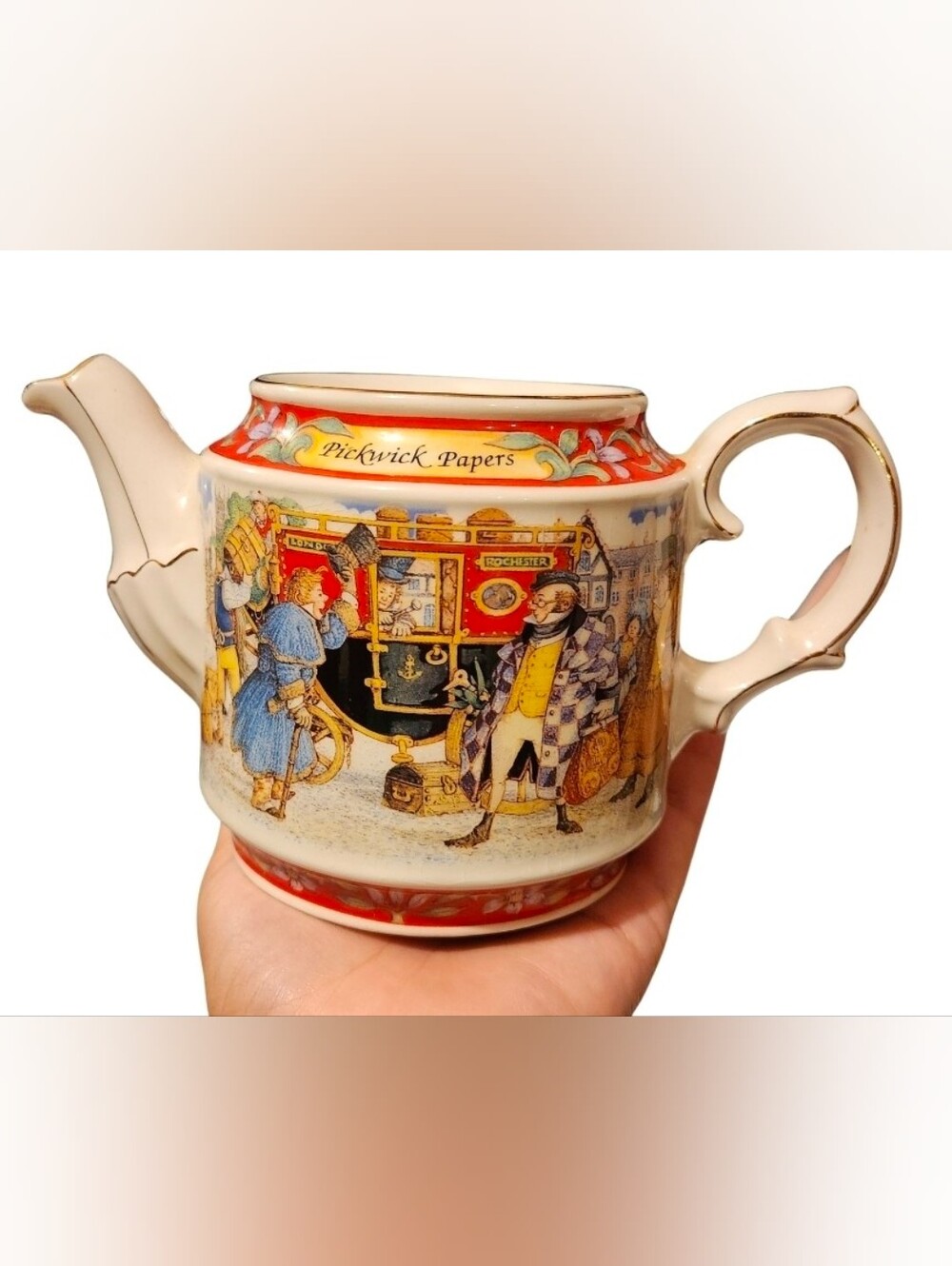 Sandler Pickwick Papers Ceramic Mug with Red and Cream Storybook Scene